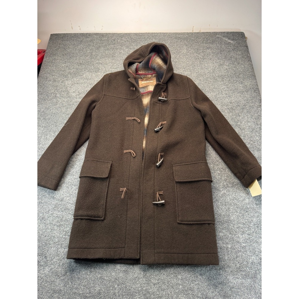 River Island Mens S Duffle Coat Brown Wool Blend Toggle Hooded Plaid Lined Small